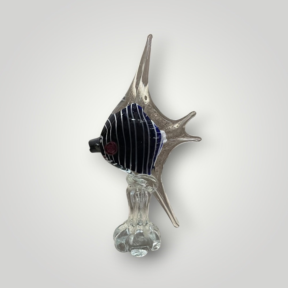 Hand Blown‎ Murano Style Art Glass Angelfish Figurine Blue Striped Coastal Decor